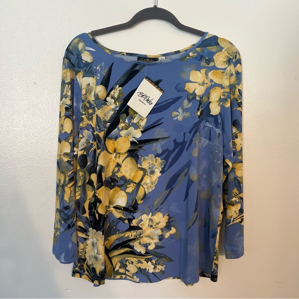 NWT Bob Mackie Wearable Art Blue Floral Long Sleeve Shirt Large